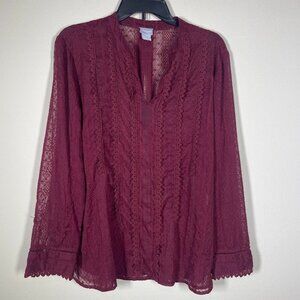 Chicos Embroidered Lace Blouse 2 (12-14) Sheer Long Sleeve Popover Red Vamp!